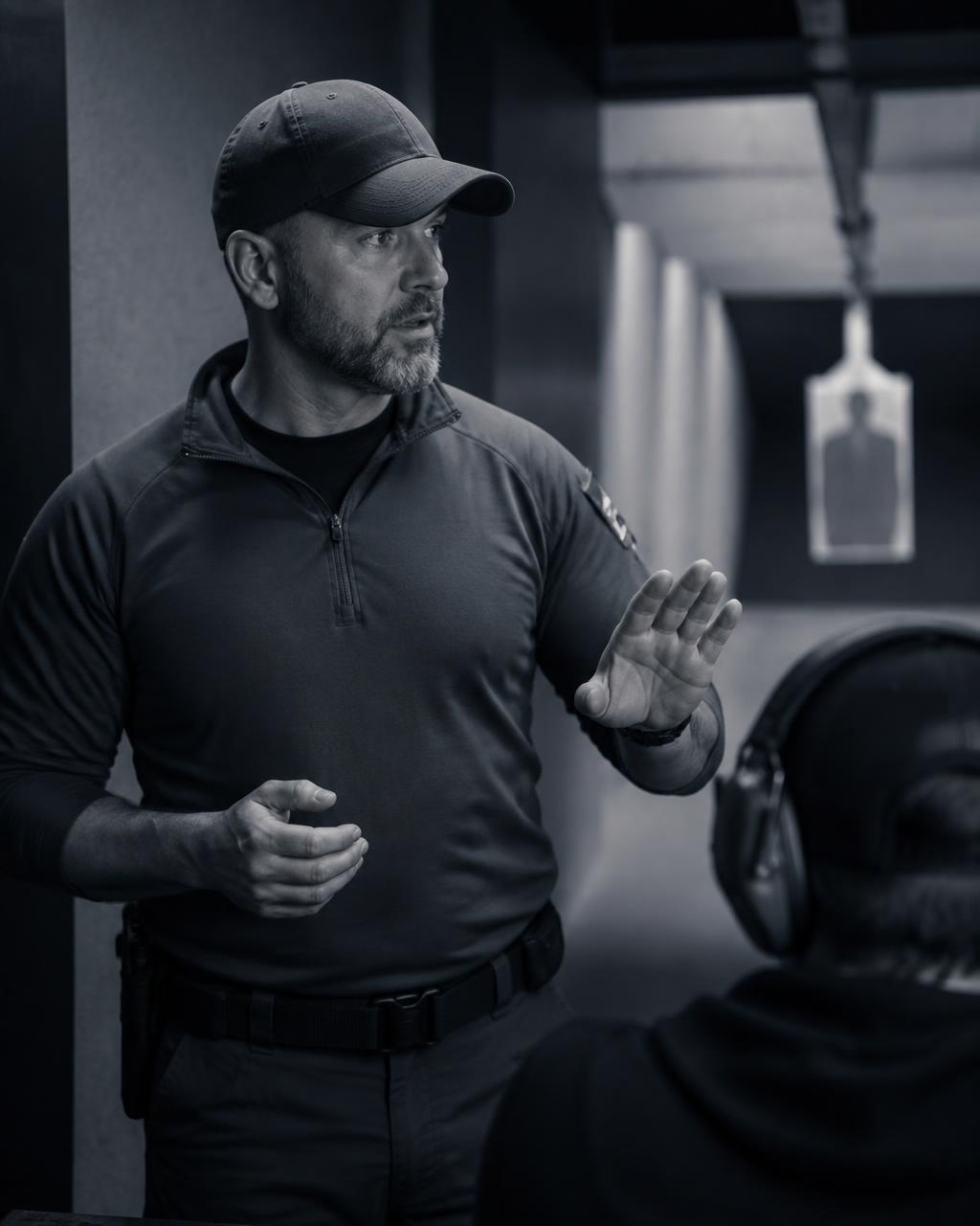 A firearms instructor coaching a student at an indoor training range